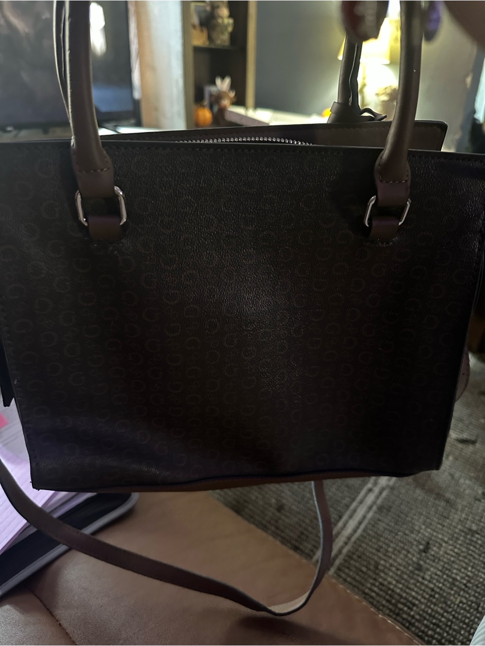 GUESS Brown and Tan Logo Satchel - Picture 5 of 5